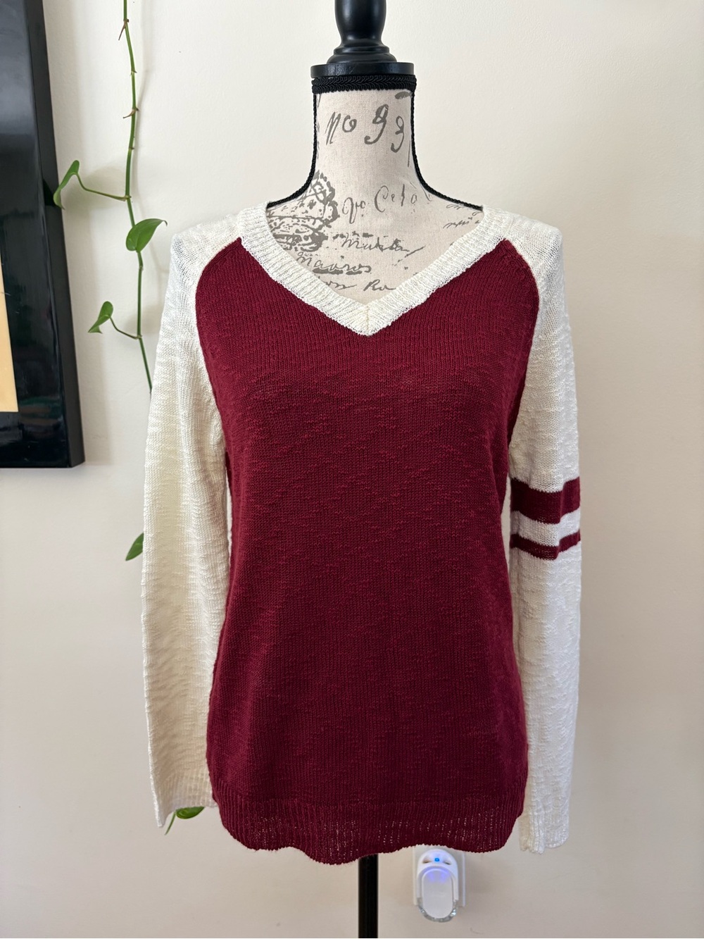 Ellison Maroon and Cream V-Neck Raglan Sweater with Stripe Sleeve